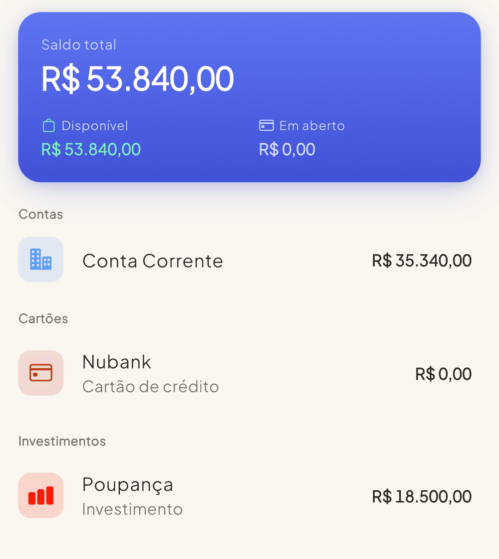 Saldo total com disponível e em aberto, e a lista de contas