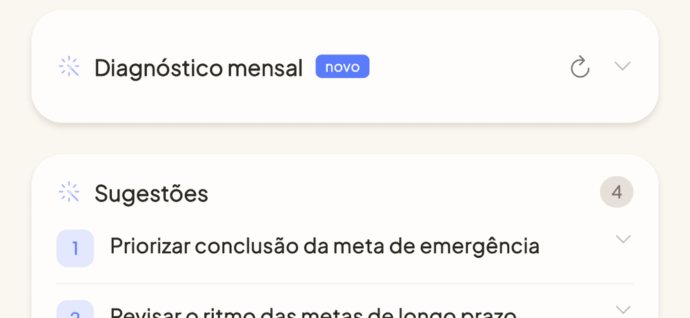 Cartões de diagnóstico mensal e sugestões na tela inicial