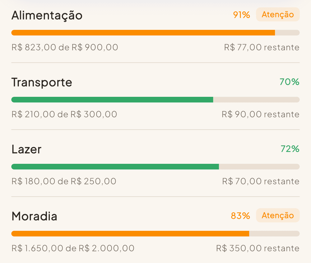 Barras de orçamento por categoria, duas em atenção