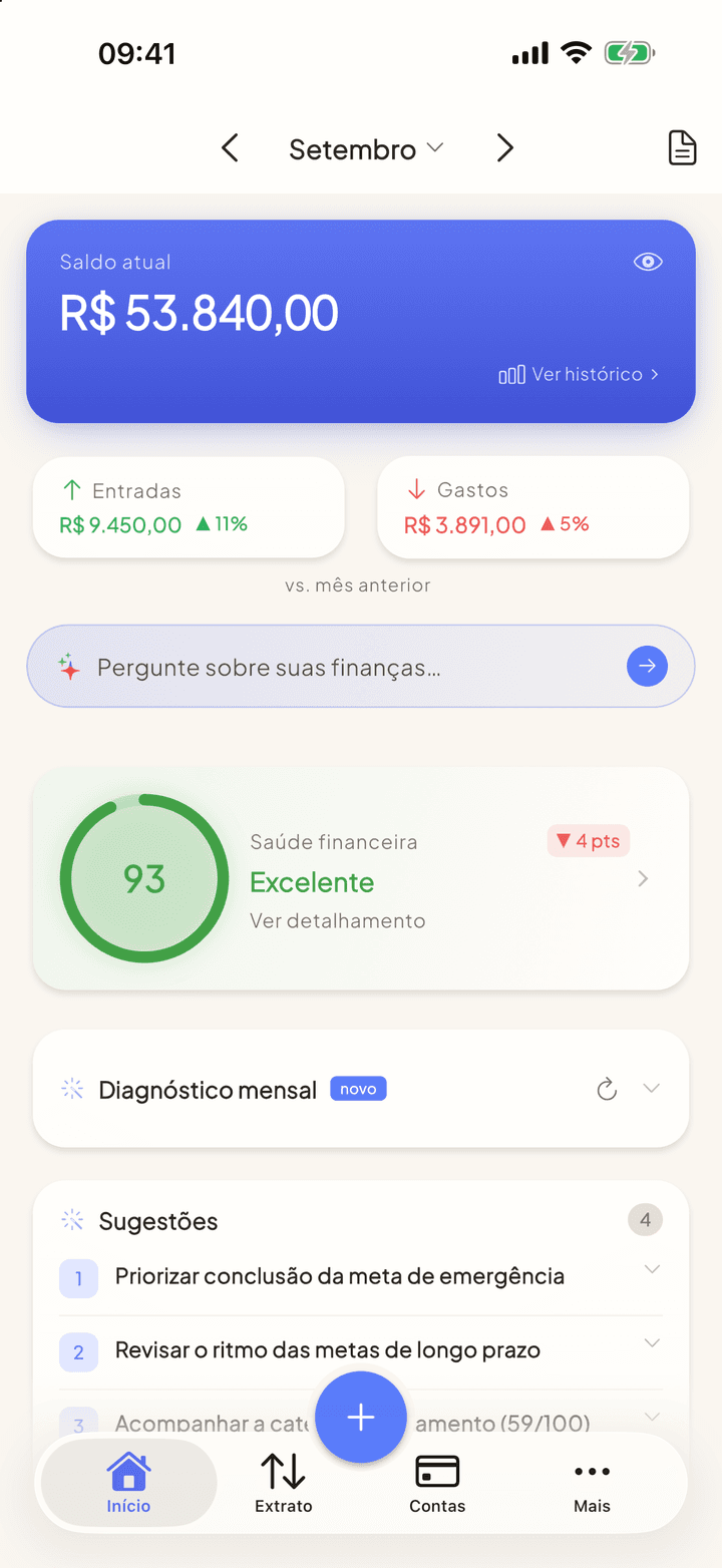 Tela inicial com o score 93 e a variação em relação ao mês anterior