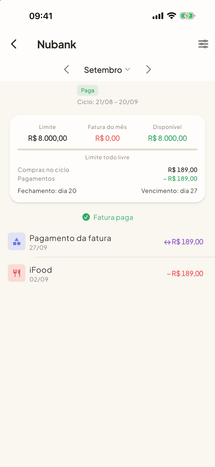Fatura do cartão paga, com a compra do ciclo e o pagamento