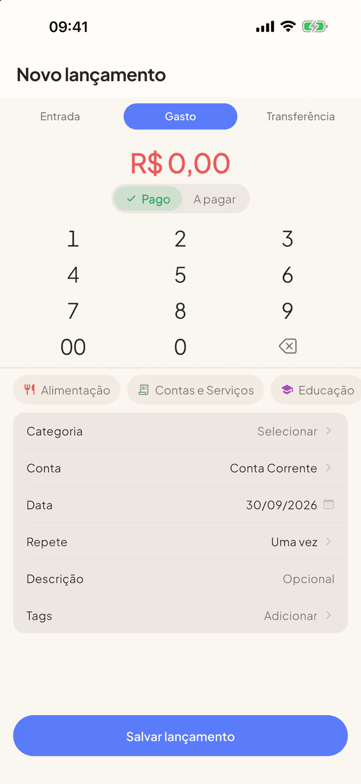 Tela de novo lançamento com valor, categoria e conta