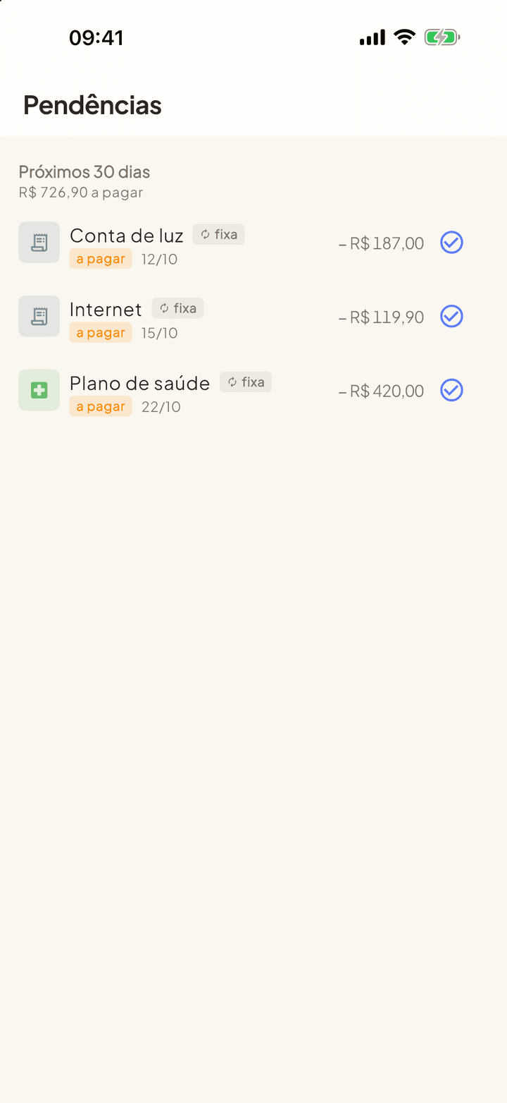 Tela de pendências com contas que vencem nos próximos dias